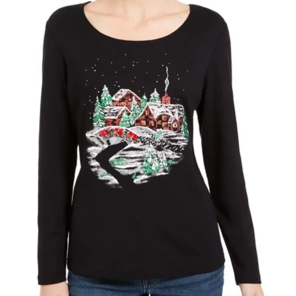 Karen Scott Country Cottage Glitter Graphic Holiday Christmas Top NWT Size S